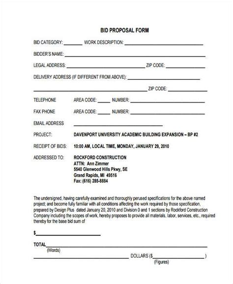 blank  printable bid proposal forms printable forms