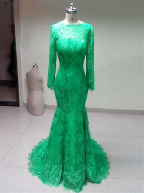 Green Lace Bridesmaid Dresses Long Sleeve Real Photo Maid
