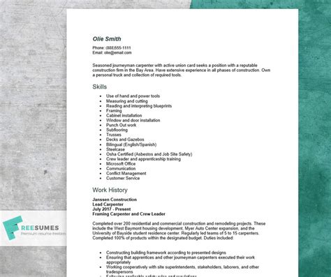 convincing carpenter resume   tips freesumes