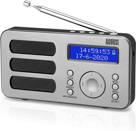 august mb portable rechargeable fm radio  battery alarm  presets  earphone jack grey