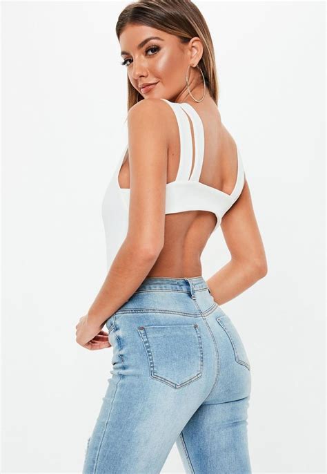 missguided white open tab back bodysuit long sleeve tops casual