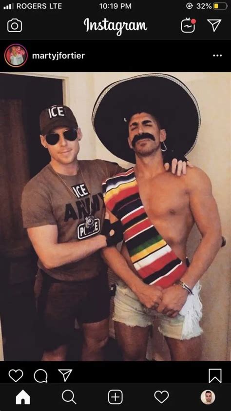 gay couple dress as ice officer and racist mexican trope for halloween