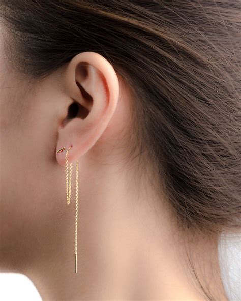 modern hanging bar threader chain earrings minimalist jewelry gift   che etsy chain