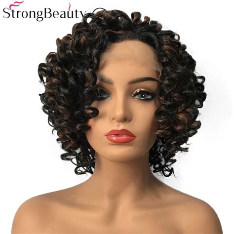 strong beauty synthetic lace front wig short curly dark brown wigs