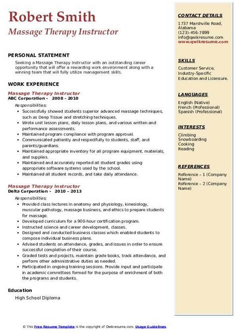 Massage Therapy Instructor Resume Samples Qwikresume