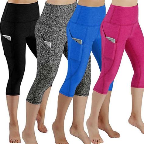 womens capri yoga pants pockets run gym sport fitness cropped leggings
