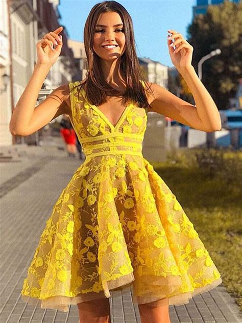 V Neck Short Yellow Lace Prom Dresses Short Yellow Lace