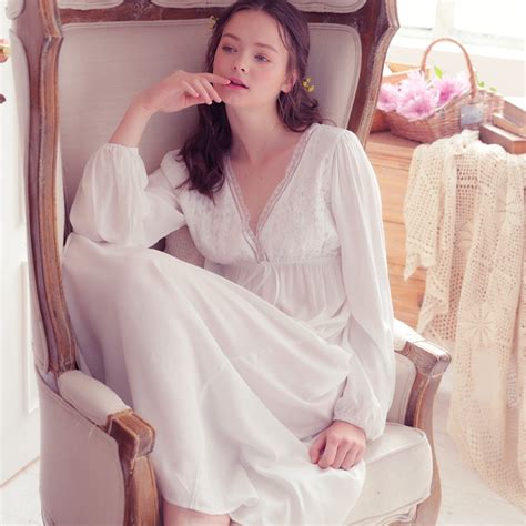Spring Autumn Vintage Nightgowns V Neck Ladies Dress Princess White