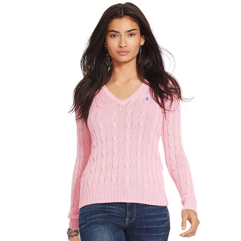 Lyst Polo Ralph Lauren Cable Knit V Neck Sweater In Pink