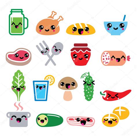 kawaii cute food characters meat vegetables drinks icons set