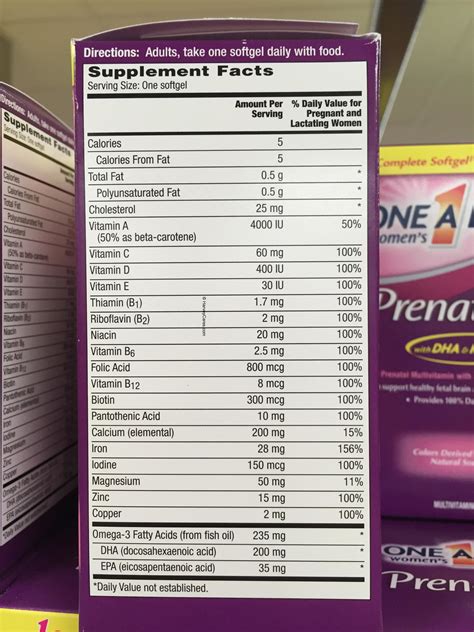 day womens prenatal  multivitamins supplement facts directions panel harvey  costco