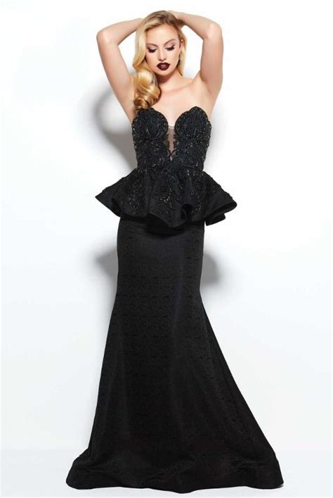 mac duggal  black lace strapless peplum evening gown poshare   bold  daring