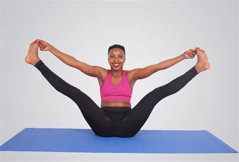 flexible woman  yoga pose smiling