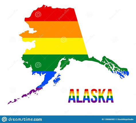 alaska state map in lgbt rainbow flag comprised six stripes with alaska