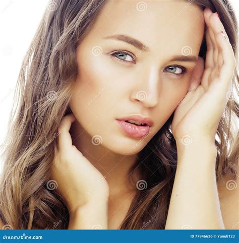 Young Sweet Brunette Woman Close Up Isolated On White Background