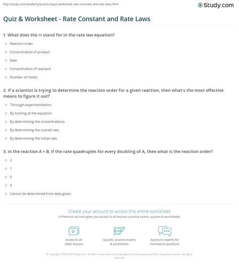 quiz worksheet rate constant  rate laws studycom