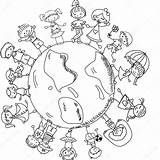 Children Around Coloring Holding Pages Hands Cute Cartoon Globe sketch template