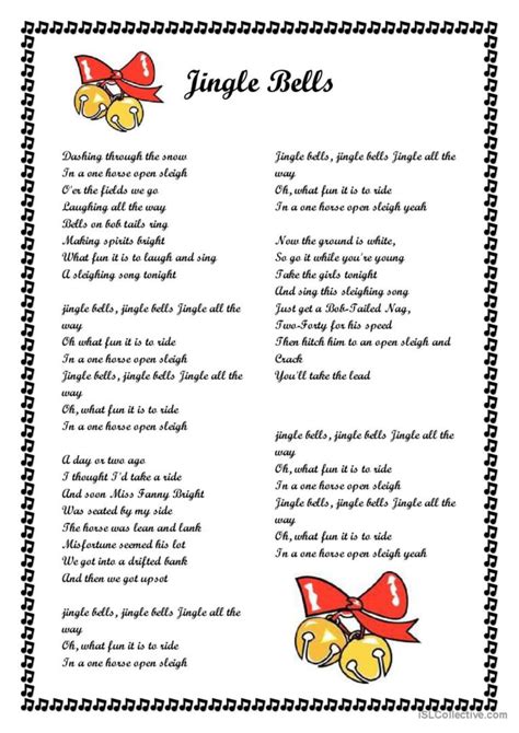 jingle bells song  nursery rhyme english esl worksheets