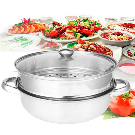 tier cm stainless steel food steamer pot pan vegetable cooker glass lid  banggood