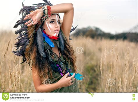 Native American Indian Girl Looking At The Summer Field