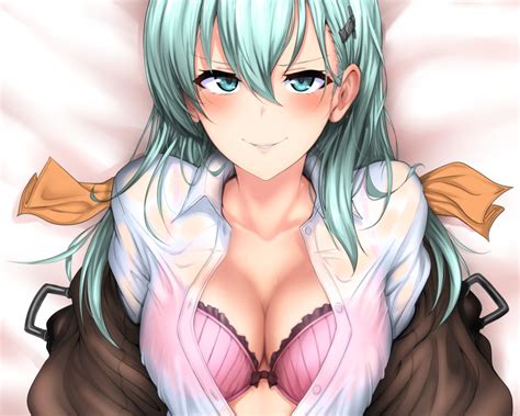 Anthropomorphism Aqua Eyes Aqua Hair Blush Bra Breasts