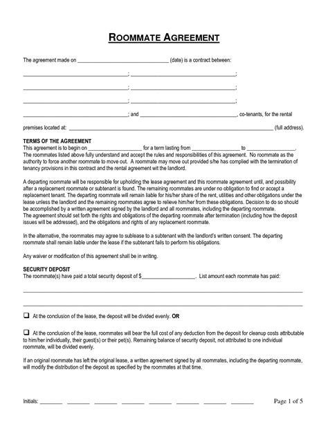 roommate contract agreement form  printable documents