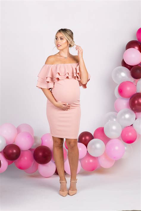 pinkblush mauve layered ruffle off shoulder fitted maternity dress
