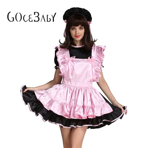 Forced Sissy Girl Maid Pink Black Satin Dress Uniform Costume