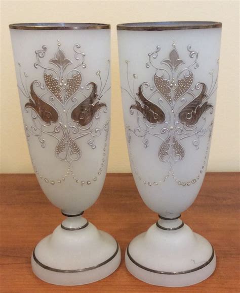 Lovely Pair 2 Large 10 5 Tall Vintage Art Deco Enameled Glass Vase