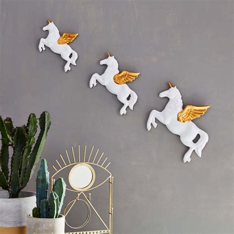 set of 3 magical flying white and gold unicorn wall decorations the loft