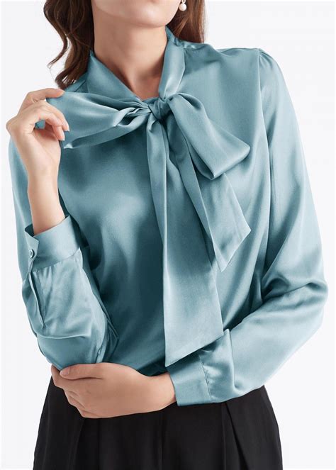 women bow tie neck silk blouse modestil mode bluse