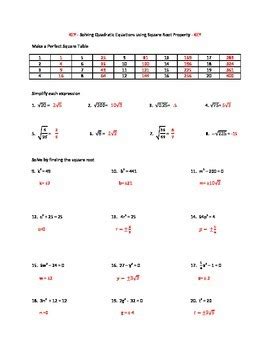 solving quadratic equations  square roots worksheet answers