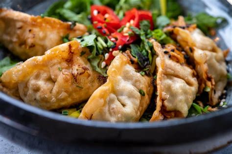 Tasty Asian Food Homemade Deep Fried Chicken Gyoza Dumplings Stock