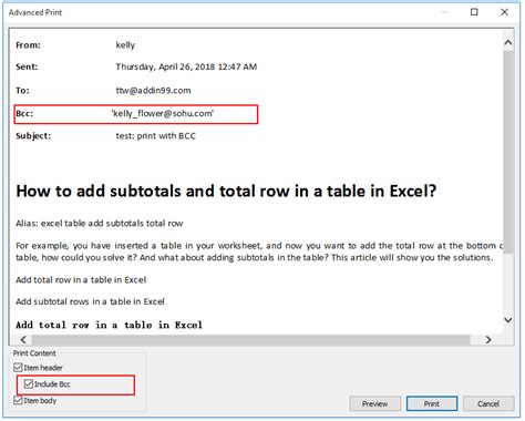 print bcc recipients    email  outlook