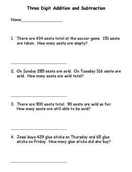 digit addition  subtraction subtraction word problems word