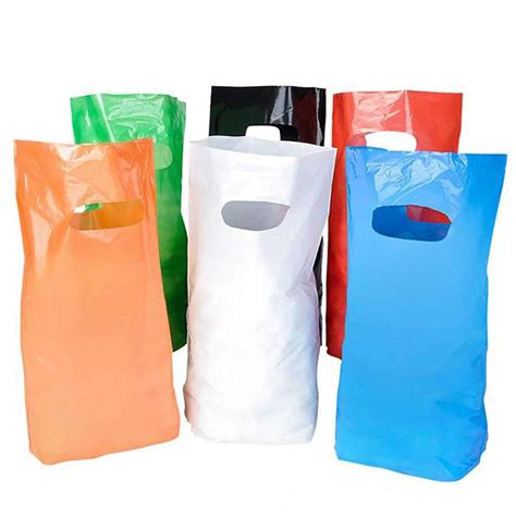 small glossy colored plastic bags  die cut handles