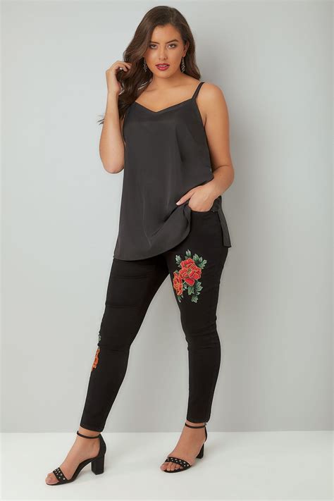black floral embroidered skinny ava jeans plus size 16 to 28