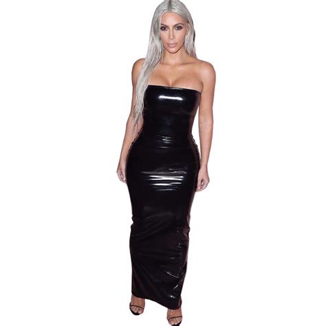 kim kardashian sexy black pu leather bodycon dress women strapless long