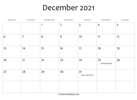 december  calendar printable  holidays whenisholidaysnet
