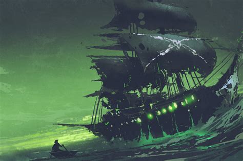Flying Dutchman Ghost Pirate Ship In The Sea With Mysterious Green