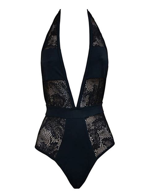 women one piece swimsuits black lace halter backless summer sexy