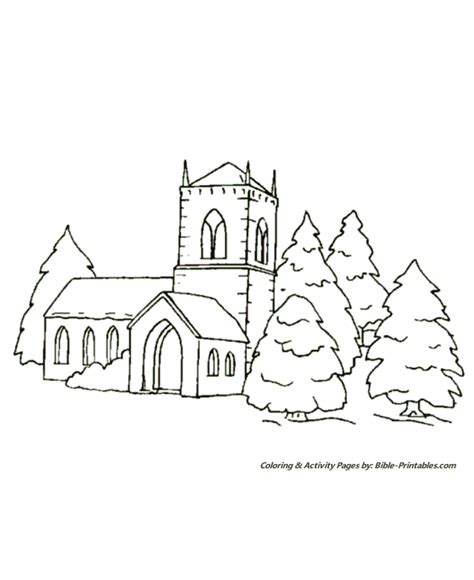 christmas scenes coloring pages church   trees
