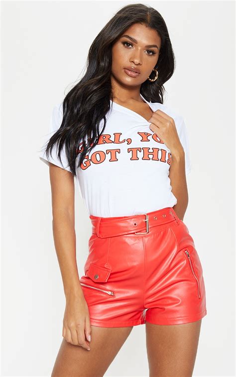 red faux leather biker short shorts prettylittlething