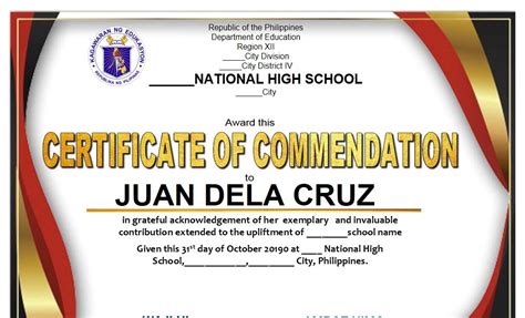 certificate  commendation editable templates   deped