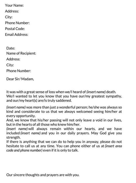 word  condolence letter examples samples