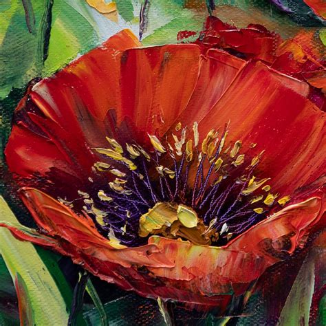 modern flower canvas oil painting red poppy poppies textured etsy