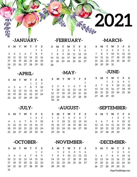 year   glance calendar   printable  calendar