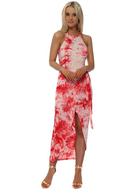 Red And White Tie Dye Bardot Wrap Dress