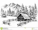 Cabin Winter Drawing Mountains Vector Mountain Drawings Sketch Line Illustration Landscape Snow Clipart Pencil Stock Frame Sketches Christmas Forest Scene sketch template