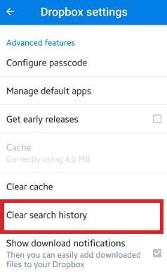 clear search history dropbox android phone
